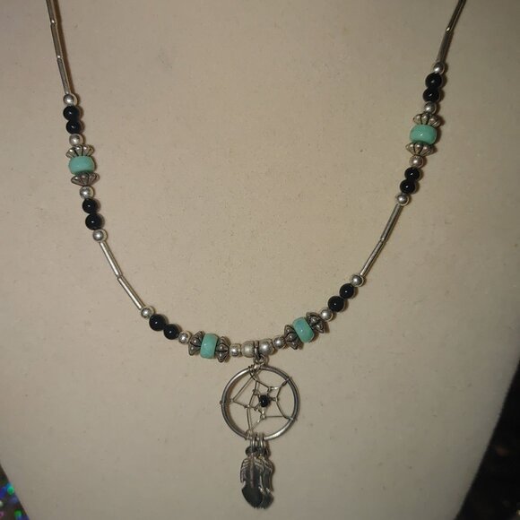 Vintage Native Dreamcatcher Pendant Necklace Liquid Silver 925 Black Turquoise - Picture 1 of 8